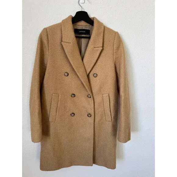 Zara Basic Women's Camel Wool Blend Double-Breasted Coat, size small - Picture 9 of 11